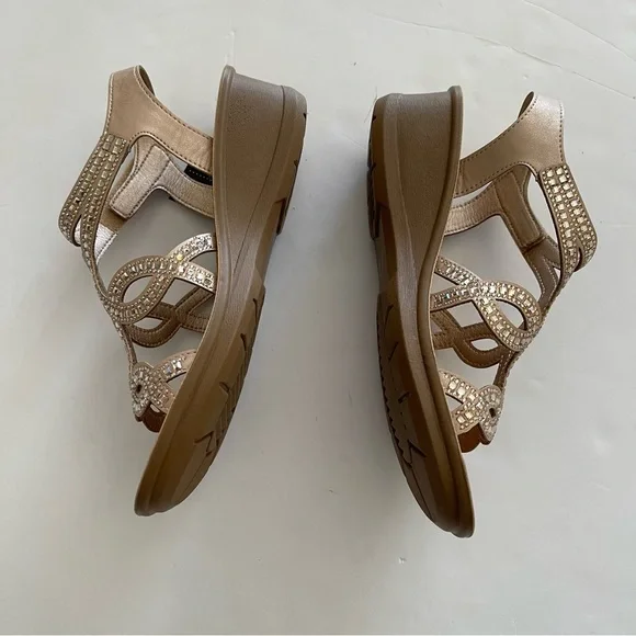 Daisy Fuentes Tan Rhinestone Crystal Embellished Strappy Wedge Sandals - Picture 5 of 10